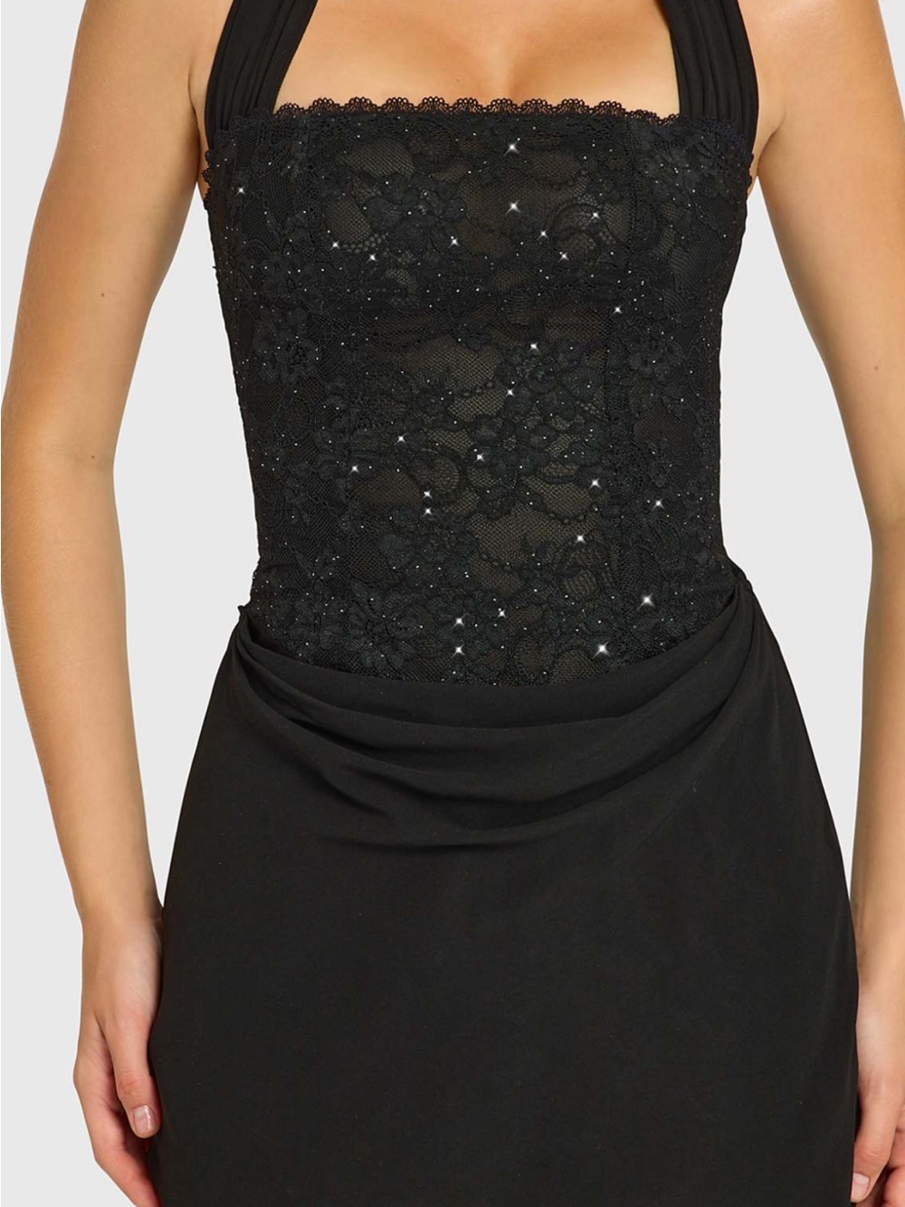 Oh Polly halter neck embellished lace corset chiffon mini dress in black